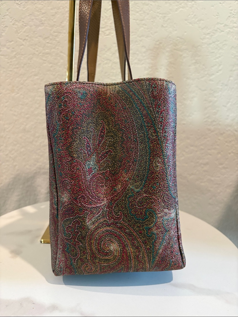 Etro Paisley Pattern Brown Leather-Trim Tote Bag - Picture 6 of 14
